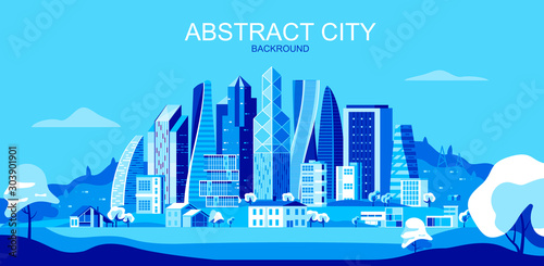 Vector illustration in simple flat style - city landscape with skyscrapers and trees - abstract horizontal banner and urban background with copy space for text - header image for landing page.