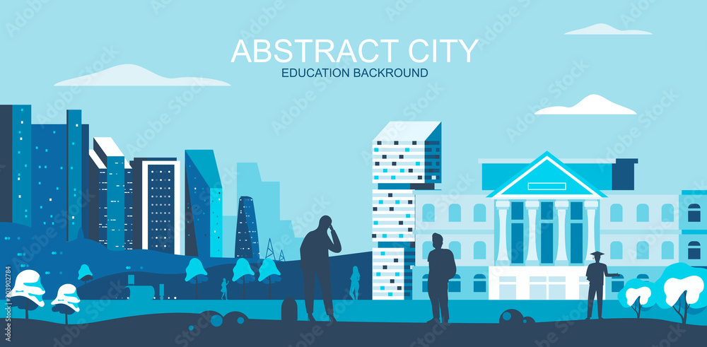 Vector illustration in simple flat style - university, college campus with students - abstract horizontal banner and education background with copy space for text - header image for landing page.