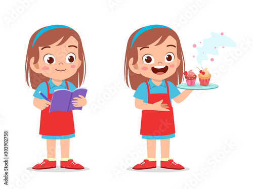 happy cute kid girl chef cook in kitchen