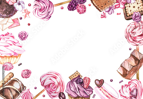 Watercolor sweets collection. Watercolor teamplate of a compositions of sweets, cakes and envelope. Valentine's Day. Perfect for cards, prints, invitations, birthday cards.