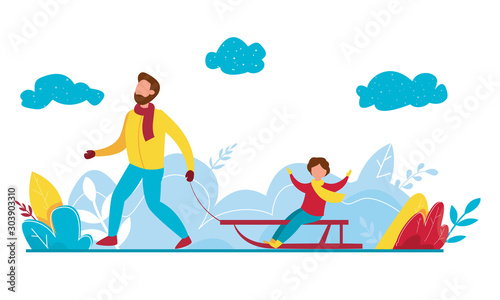 Modern vector illustration of winter season featuring Christmas holidays outdoor activities. Kids riding sledding slide