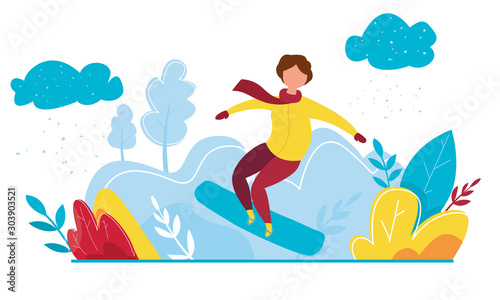 Modern vector illustration of winter season featuring Christmas holidays outdoor activities. Cartoon snowboard rider dressed in winter clothes.