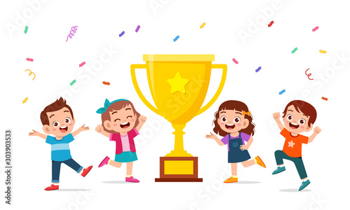 happy cute kids boy and girl celebrate win
