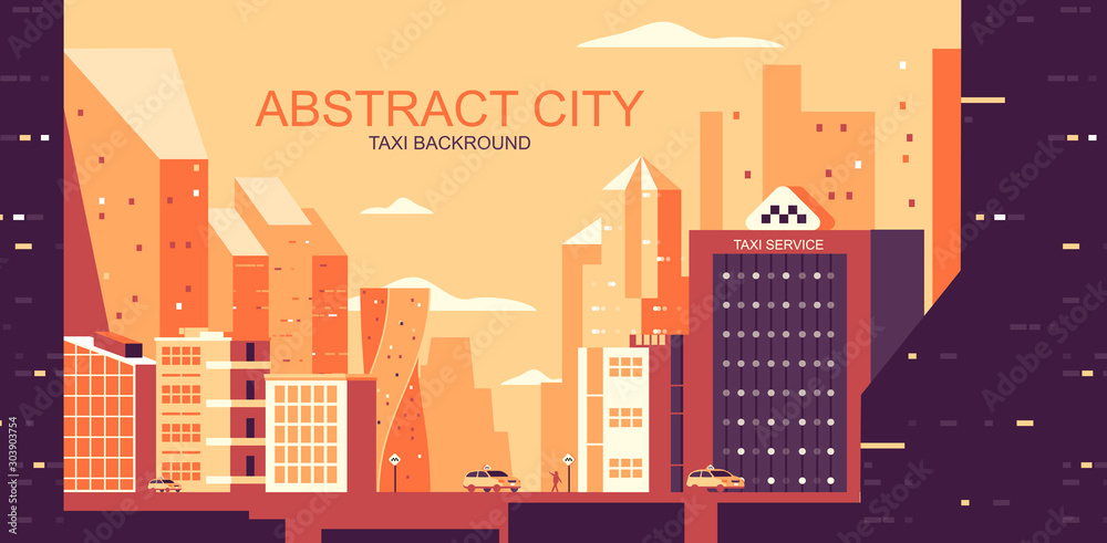 Ταπετσαρία Vector illustration in simple flat style - urban landscape with yellow cabs - abstract horizontal city travel banner and taxi background with copy space for text - header image for landing page