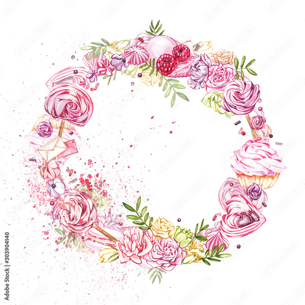 Watercolor image of a wreath of sweets, candies in the shape of hearts, chocolates, cakes and envelope, Valentine's Day. Perfect for cards, prints, invitations, birthday cards.