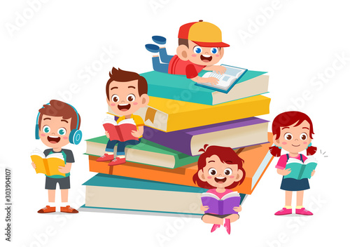 Happy kids read book and study together