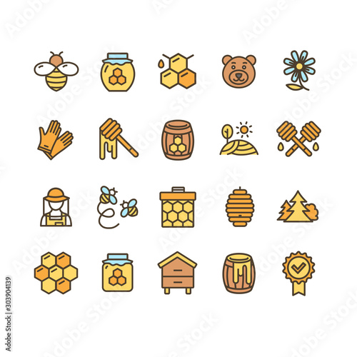 Honey Sign Color Thin Line Icon Set. Vector