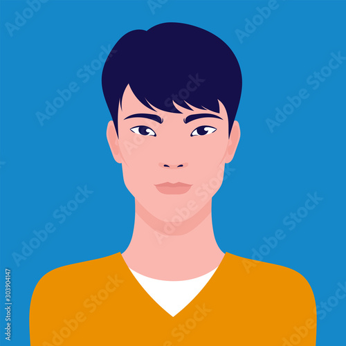Portrait of a young Asian man, vector flat illustration. Asian handsome guy avatar.