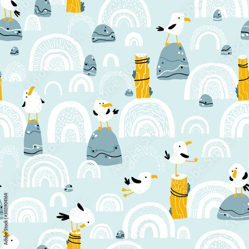 Seagulls on stones and pillars. Vector seamless pattern in hand drawn scandinavian cartoon style. The illustration in a limited palette is ideal for printing on fabric, textiles, wrapping paper for