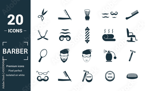 Barber Shop icon set. Include creative elements scissors, foam brush, straight razors cross, towel, mirror icons. Can be used for report, presentation, diagram, web design