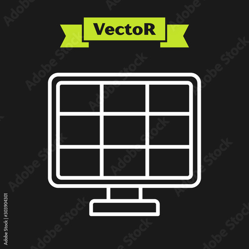 White line Solar energy panel icon isolated on black background. Vector Illustration