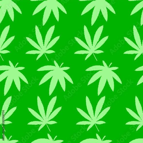 Green hemp seamless. Hand drawn vector cannabis pattern. Natural plant background.