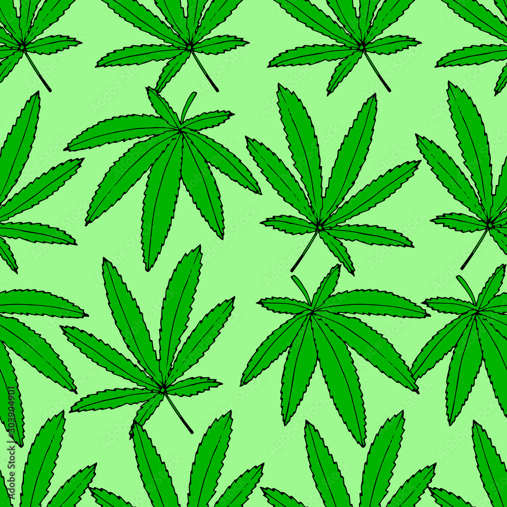 Hemp natural seamless. Hand drawn vector cannabis pattern. Plant background.