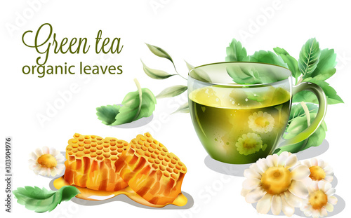 Organic green tea in transparent cup with mint leaves. Chamomiles and honeycomb composition. Watercolor vector