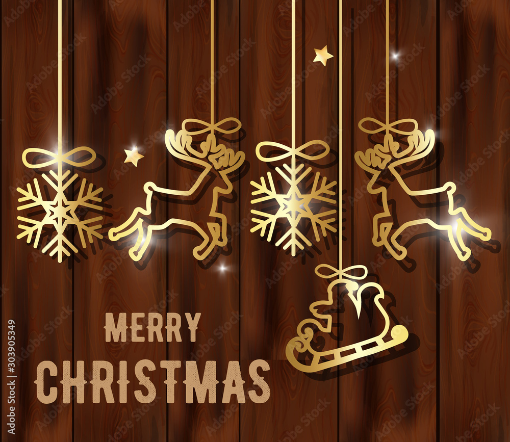 Merry christmas composition with golden decorations hanging. Snowflakes, reindeer, santa with sledge