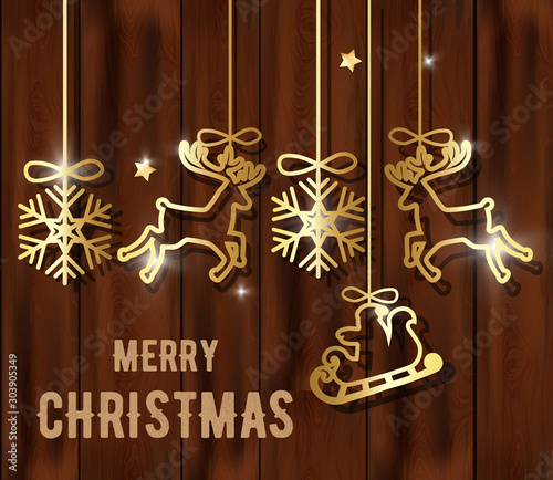 Merry christmas composition with golden decorations hanging. Snowflakes, rein...