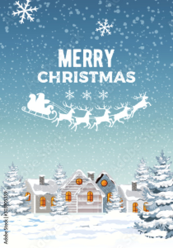 Winter merry christmas composition with pine trees and white houses covered i...