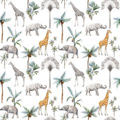 Sierkussen Tropische print patronen Aquarel safari olifant giraf palmbomen  © Zenina-Lembrik