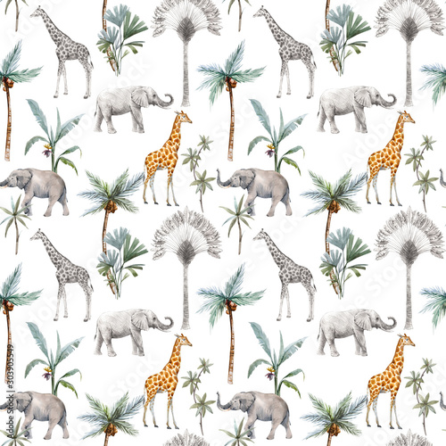 Watercolor seamless patterns with safari animals and palm trees. Elephant giraffe.