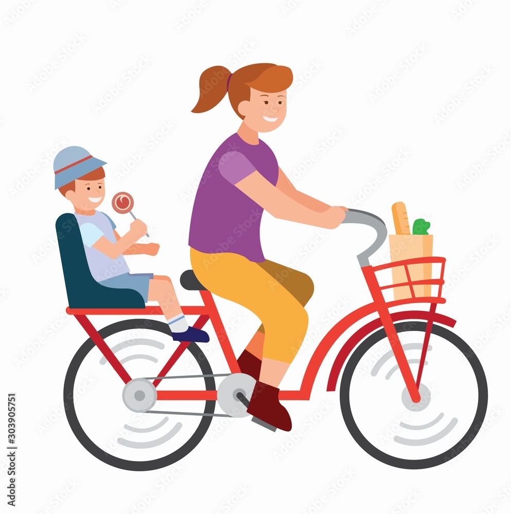 mother riding bike with baby seat and shopping bag, woman on bicyle with her child going to school flat illustration vector mother riding bike with baby seat and shopping bag, woman on bicyle with her child going to school flat illustration vector