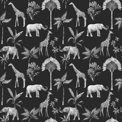 Sierkussen Tropische print patronen Aquarel olifant en giraffe safari  © Zenina-Lembrik