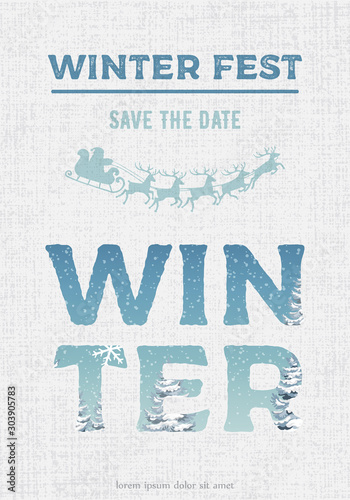 Merry christmas party invitation. Santa with reindeer sledge decoration. Whit...