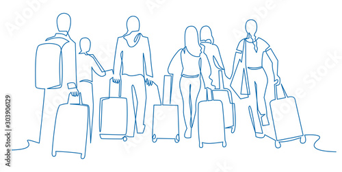 People walking with luggage continuous one line vector drawing. Tourists in airport hand drawn characters. Female and male silhouettes with baggage  handbags