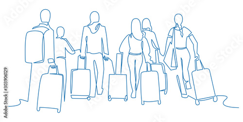 People walking with luggage continuous one line vector drawing. Tourists in airport hand drawn characters. Female and male silhouettes with baggage, handbags