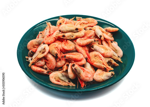 Isolate boiled shrimps on a plate.