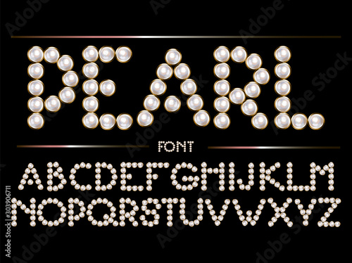 Vector hand drawn font of pearls with golden frame made in realistic style. Type for card, poster, banner, print for t-shirt.