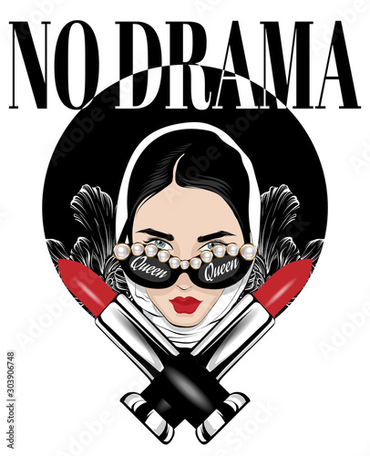 No drama. Vector hand drawn illustration of girl with pomades isolated. Creative  artwork. Template for card, poster, banner, print for t-shirt, pin, badge, patch.