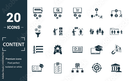 Content icon set. Include creative elements cost per click, crowdsourcing, curation, exit rate, gamification icons. Can be used for report, presentation, diagram, web design