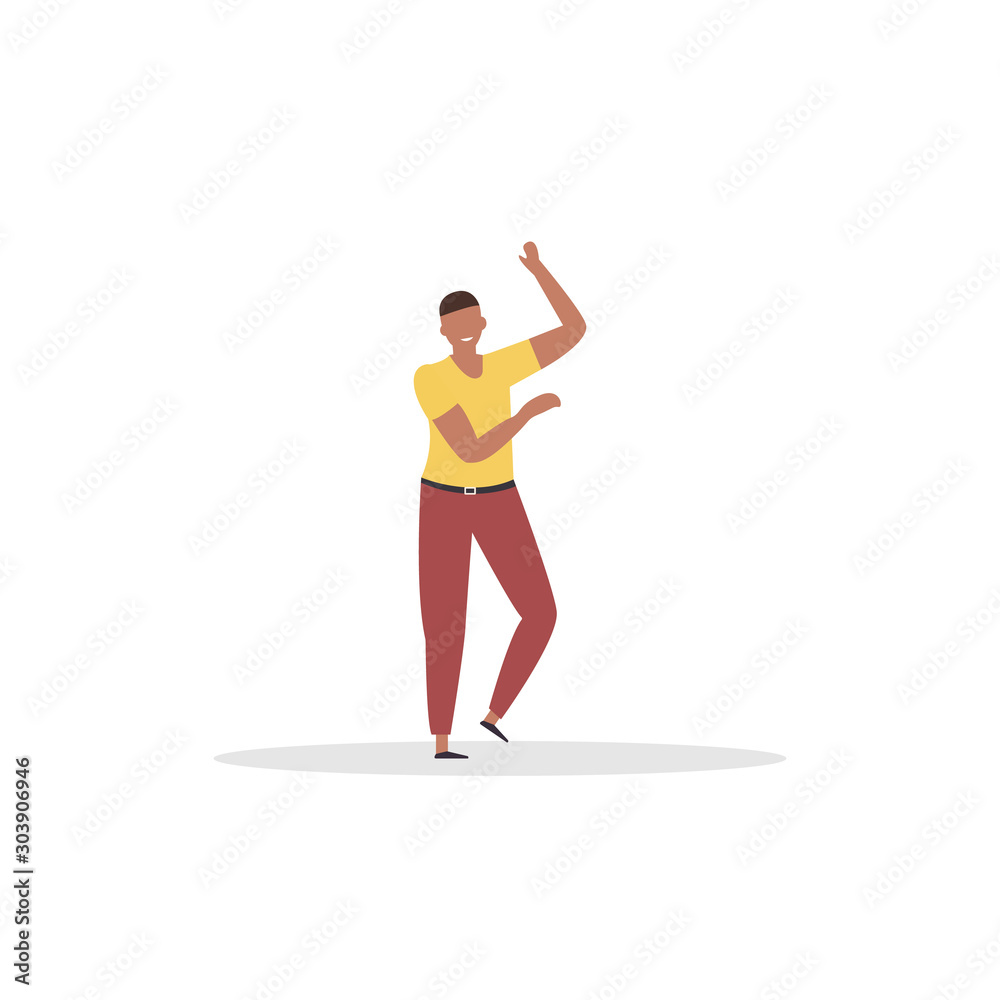 Young happy dancing man Isolated on a white background. A smiling young man is enjoying a dance party. Flat style. Vector illustration
