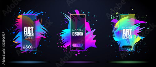 Vector frame for text. Modern Art graphics. Dynamic frame stylish geometric black background. Element for design cover, invitations, gift cards, flyer, voucher and brochures.  Bright color banners set
