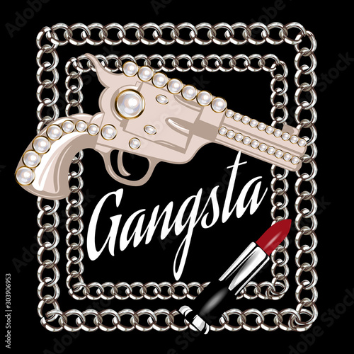 Gangsta. Vector hand drawn illustration of gun with pearls, red pomade and chains  isolated. Creative artwork. Template for card, poster. banner, print for t-shirt, pin, badge, patch.
