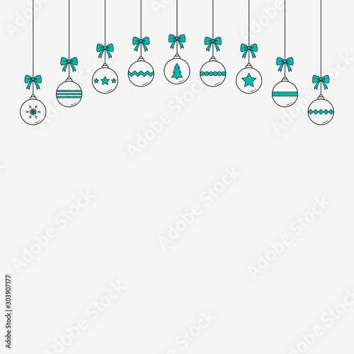 Hanging Christmas balls on white background. Festive decoration. Vector