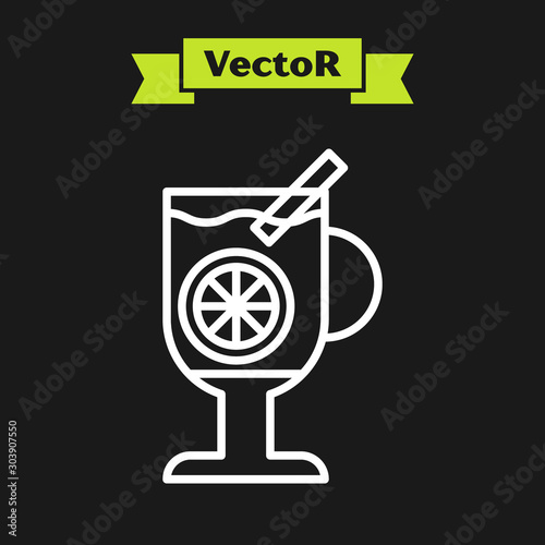 White line Mulled wine with glass of drink and ingredients icon isolated on black background. Cinnamon stick, clove, lemon slice. Vector Illustration
