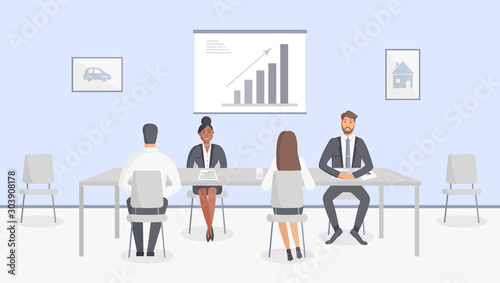 Bank office or insurance company: bank employees sitting behind table at the production meeting. Elegant interior with diagram and paintings with house and car.Vector illustration