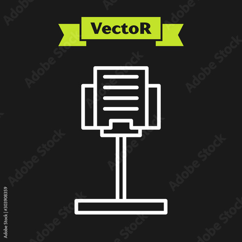 White line Music stand icon isolated on black background. Musical equipment. Vector Illustration