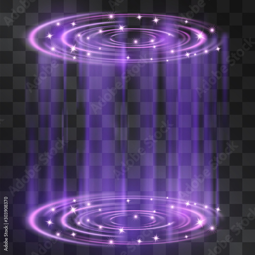 Laser stream portal funnel light neon purple effect. Vector glowing swirling vortex cylinder of shining stardust sparkles on transparent background. Glittering flashes of magical pedestal illumination