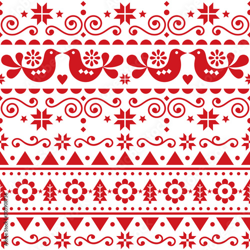 Scandinavian Christmas cute seamless vector pattern folk art style, repetitive winter retro Nordic design with birds, Christmas trees, snowflakes and flowers