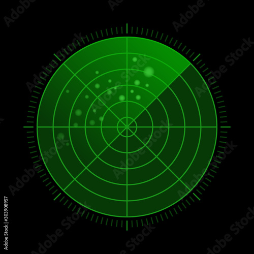 HUD green radar with targets in action. Military search system, vector illustration