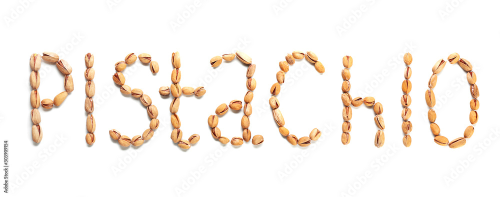 Word PISTACHIO made of tasty nuts on white background Word PISTACHIO made of tasty nuts on white background