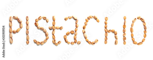 Word PISTACHIO made of tasty nuts on white background
