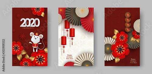 2020 Chinese New Year of the Rat Set vertical vector banners, posters, leaflet, flyers. Lanterns, peonies, rat, flowers, round decorative fans. Gold red white colors. Chinese translate: Happy New Year