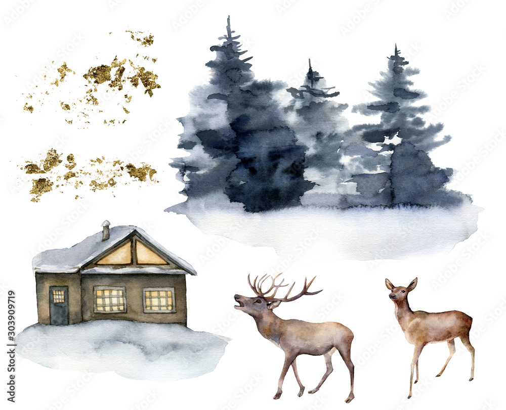 Obraz Akwarela zestaw z jelenie, dom i zimowy las. Wręcza malującą Bożenarodzeniową ilustrację z zwierzętami i jedlinowymi drzewami odizolowywającymi na białym tle. Do projektowania, drukowania, tkaniny lub tła. Dzikiej przyrody.