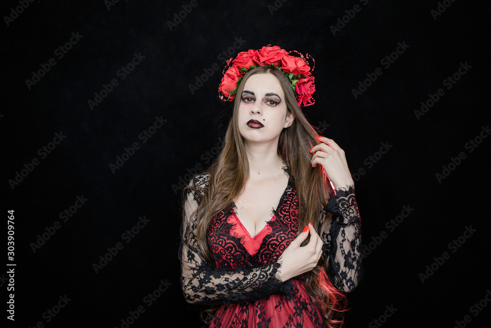 witch vampire girl in red dress with red veil witch vampire girl in red dress with red veil