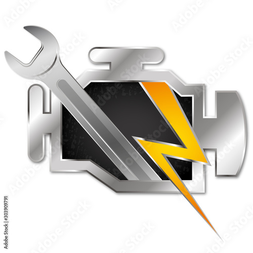 Engine check and diagnostics symbol wrench and lightning design