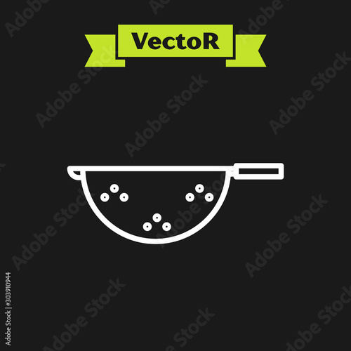 White line Kitchen colander icon isolated on black background. Cooking utensil. Cutlery sign. Vector Illustration