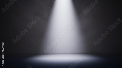Abstract dark background with spotlight and smoke. 3D illustration